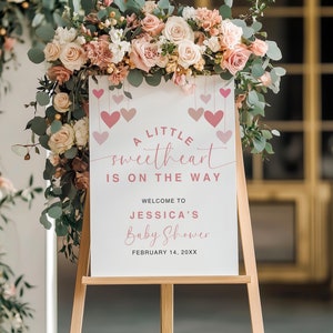 A Little Sweetheart is on the Way Baby Shower Sign | Valentines Day Baby Shower | February, Pink Hearts | Foam Board, Poster, Canvas | BW09