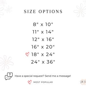 Puede incluir: Fondo blanco con el texto "SIZE OPTIONS" y medidas en pulgadas: 8" x 10", 11" x 14", 12" x 16", 16" x 20", 18" x 24" y 24" x 36". Incluye un bocadillo y el texto "Have a special request? Send me a message!"