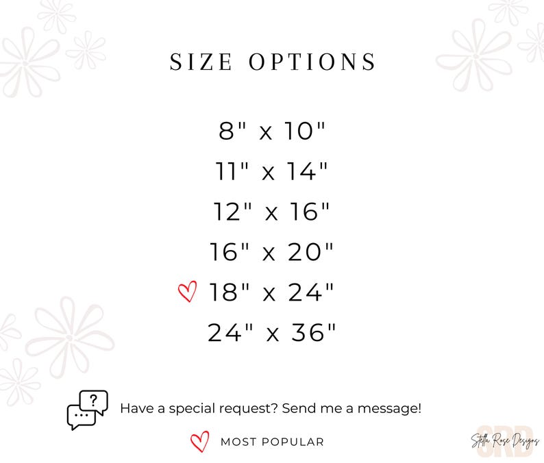 Puede incluir: Fondo blanco con el texto "SIZE OPTIONS" y medidas en pulgadas: 8" x 10", 11" x 14", 12" x 16", 16" x 20", 18" x 24" y 24" x 36". Incluye un bocadillo y el texto "Have a special request? Send me a message!"