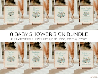 Paquete de letreros para baby shower con temática de "Bebé a bordo" (juegos para baby shower de autobús, furgoneta, tabla de surf y palmeras en la playa) / Descarga digital de Canva