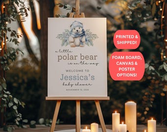 Letrero para baby shower con el mensaje "Un osito polar está en camino" / Letrero para baby shower de invierno / Animales del Ártico / Tablero de espuma, póster, lienzo / BW01