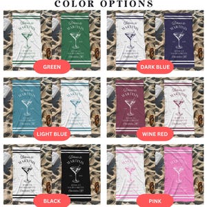 May include: A set of ten beach towels in various colors, each featuring a martini glass graphic and the text "Bikinis & Martinis". The towels are displayed on a sandy beach background.