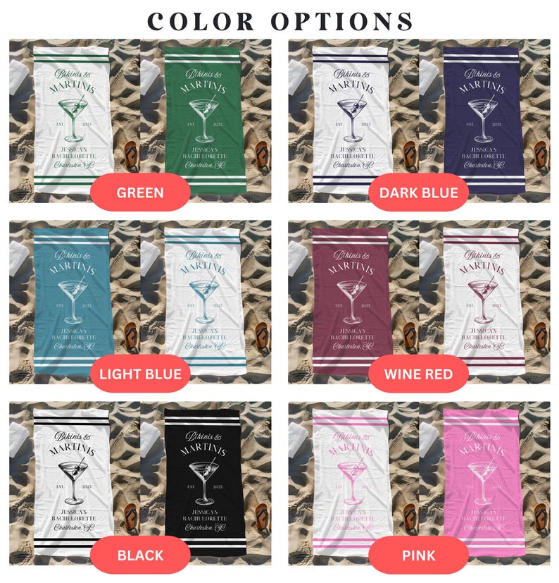 May include: A set of ten beach towels in various colors, each featuring a martini glass graphic and the text "Bikinis & Martinis". The towels are displayed on a sandy beach background.