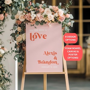 Retro Wedding Welcome Sign | All You Need Is Love | 60s, 70s, Disco, Groovy, Boho Wedding Signs | Pink, Peach, Orange, Blue | SK10