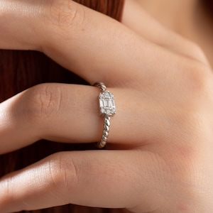 Dainty ring, Sterling Silver Ring, Dainty Engagement Ring, Weaved Layered Ring, Mothers Day Ring, Art Deco Ring, Emerald Cut CZ Ring