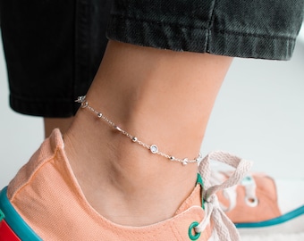 Sterling Silver Ankle Bracelet, Beaded Chain, Dangling, Body Jewellery, Chain Anklet, Blue Anklet, Multi Colour anklet, Foot Bracelet