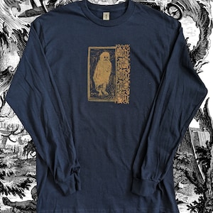 Owlman / Lino-Printed Linocut Yellow/Orange ink on Long Sleeve Navy shirt Hand-Printed Handmade Gildan Ultra Cotton/ Cottage Fairy Goth Emo