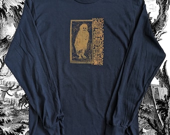 Owlman / Lino-Printed Linocut Yellow/Orange ink on Long Sleeve Navy shirt Hand-Printed Handmade Gildan Ultra Cotton/ Cottage Fairy Goth Emo