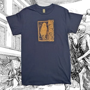 Owlman- Yellow/Gold Print on Navy T-Shirt/Linocut Lino-Printed Design- Folk Horror Goth Goblin Cottage Fairy Gloom Emo Fantasy Myth Monster