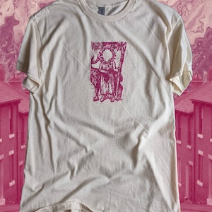 Noon Wytch- Lino-Printed T-Shirt Magenta on Natural- Folk Horror Psychedelia Goblin Pagan Witches Sun Cottage Fairy Skater Emo Goth Ethereal