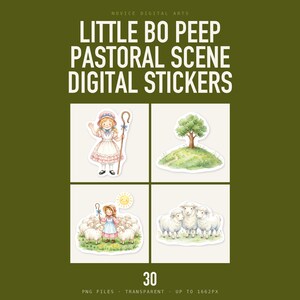 Könnte beinhalten: Ein digitales Sticker-Set mit dem Titel Little Bo Peep Pastoral Scene Digital Stickers, das Illustrationen eines Mädchens mit Haube und Hirtenstab, eines grünen Hügels mit Baum, eines Mädchens mit Schafen und Sonne sowie drei weißer Schafe zeigt.