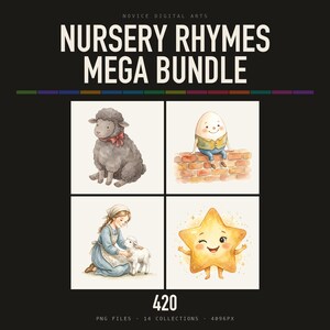 Könnte beinhalten: Eine digitale Kunstsammlung mit dem Titel Nursery Rhymes Mega Bundle, die vier Illustrationen zeigt: ein graues Schaf mit roter Schleife, eine Eierfigur auf einer Ziegelmauer, eine Person im blauen Kleid mit Lamm und einen zwinkernden gelben Stern.