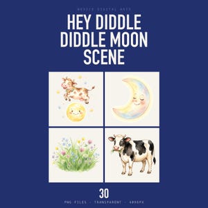 Könnte beinhalten: Eine digitale Kunstsammlung mit dem Titel HEY DIDDLE DIDDLE MOON SCENE mit 30 PNG-Dateien. Die Grafiken zeigen eine braun gefleckte Kuh, die über einen lächelnden Mond springt, eine Mondsichel mit Gesicht, ein Feld mit bunten Wildblumen und eine schwarz-weiße Kuh.