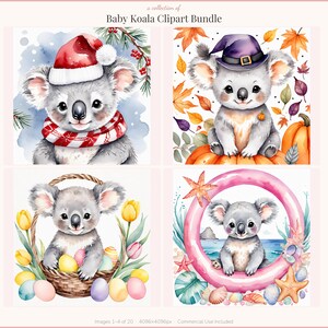 Könnte beinhalten: Ein digitales Clipart-Paket mit dem Titel Baby Koala Clipart Bundle, das vier Aquarellillustrationen von Koalas zeigt: einen mit Weihnachtsmütze und Schal, einen mit Hexenhut und Kürbissen, einen in einem Korb mit Ostereiern und einen mit einem rosa Schwimmring.