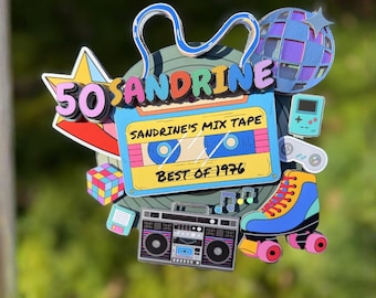 Retro 80s 90s Birthday Cake Topper: Custom Disco Cassette Tape Party Decoration