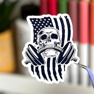 Gym Sticker for Water Bottle: Skull Weightlifting Vinyl Decal | Workout Sticker
