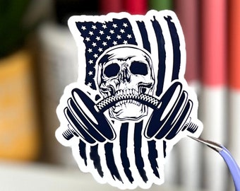 Gym Sticker for Water Bottle: Skull Weightlifting Vinyl Decal | Workout Sticker