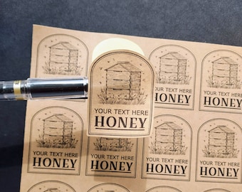 Custom Honey jar labels. Personalised text. Printed onto rustic Kraft paper.