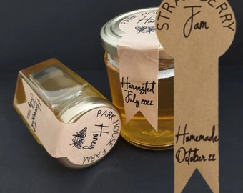 Custom Jam jar label. With tail. Personalised Kraft paper stickers. Rustic, handwritten labels.