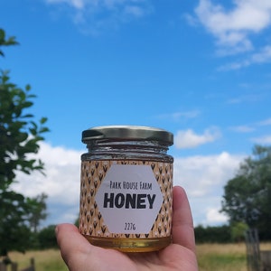 Custom honey jar label, contemporary design. Printed colourful wipeable labels. Personalised with your details.