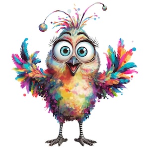Quirky Bird Clipart Bundle, Frazzled Rainbow Bird PNG, Whimsical Bird Watercolor Png, Silly Crazy Birds, Junk Journal, Card Making Digital