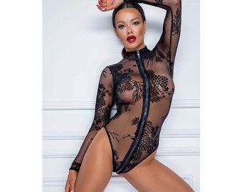 Sheer black long sleeve bodysuit with flock embroidery, See Through Bodysuit, Long sleeve Mesh Body with full length zip