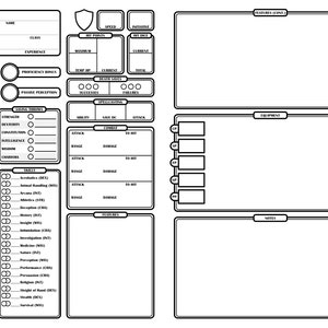 May include: A black and white character sheet for a role-playing game. The sheet includes sections for name, race, class, background, experience, strength, dexterity, constitution, intelligence, wisdom, charisma, saving throws, skills, combat, equipment, and notes.