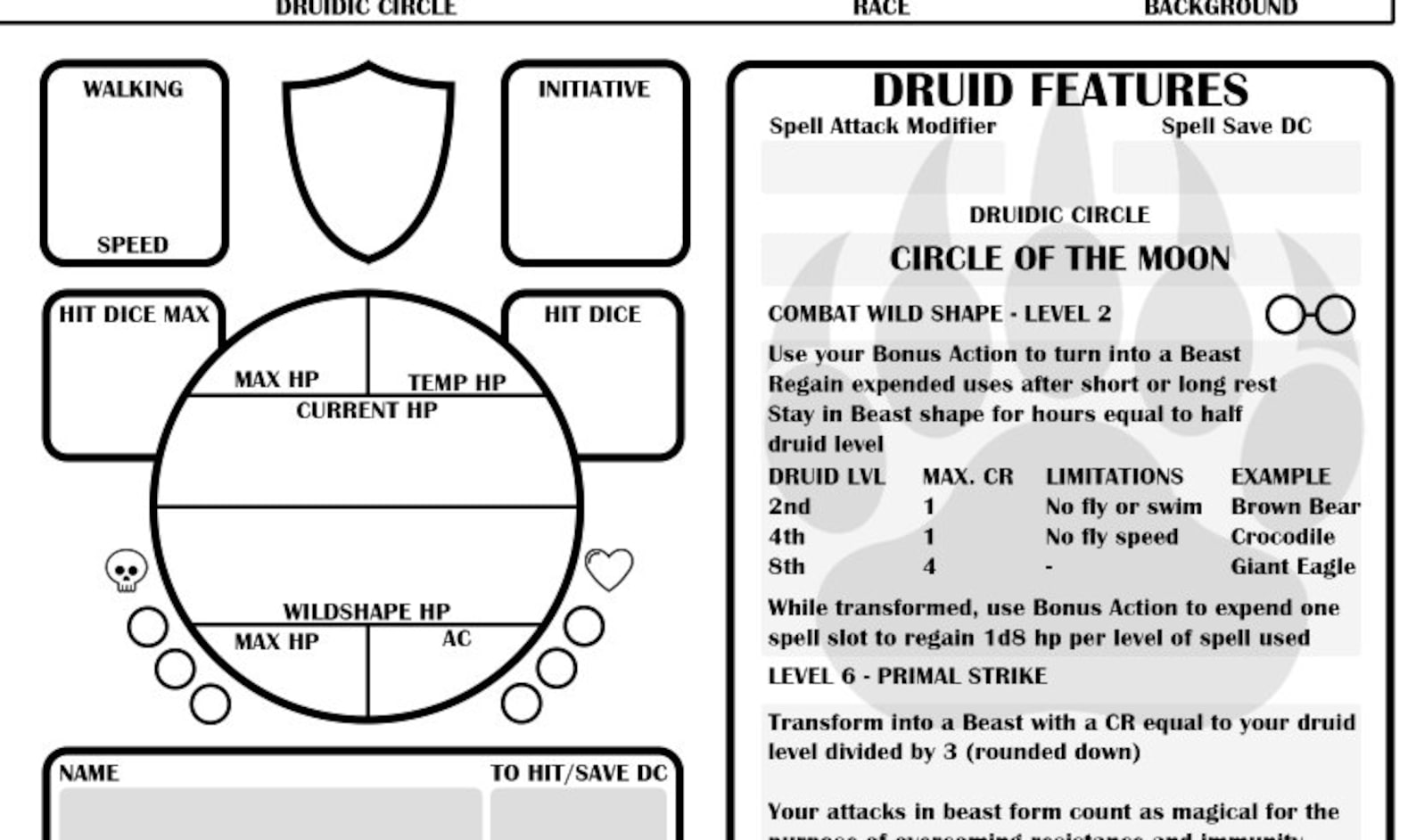 D&amp;D 5E Character Sheet - Druid - Etsy