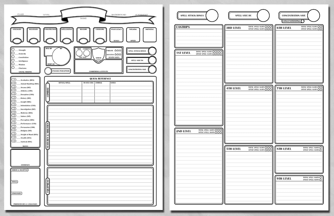 Character Sheet - D&amp;D 5E - Etsy
