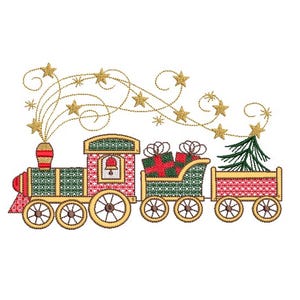Puede incluir: Un tren de juguete rojo, verde y dorado con un árbol de Navidad y regalos en el vagón. El tren está decorado con estrellas y espirales.
