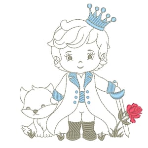 Peut inclure: Illustration de dessin animé d'un prince portant une couronne bleue et une veste bleu et blanche, tenant une épée. Il se tient à côté d'un renard blanc et d'une rose rouge.