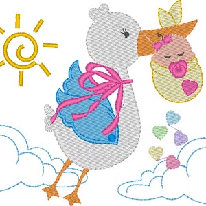 Stork with baby embroidery designs in 4 SIZES for machine embroidery instant download