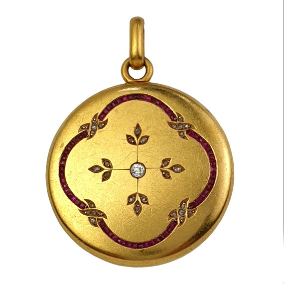 Antique Art nouveau locket pendant diamonds and r… - image 1