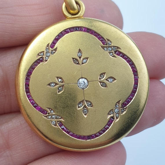 Antique Art nouveau locket pendant diamonds and r… - image 8