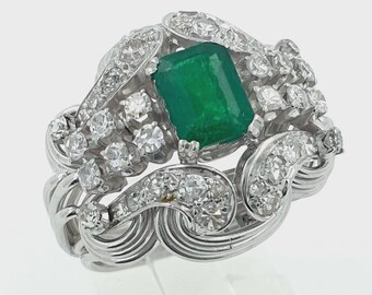 Handmade Unique Vintage 14k White Gold Ring with Emerald & Natural Diamonds