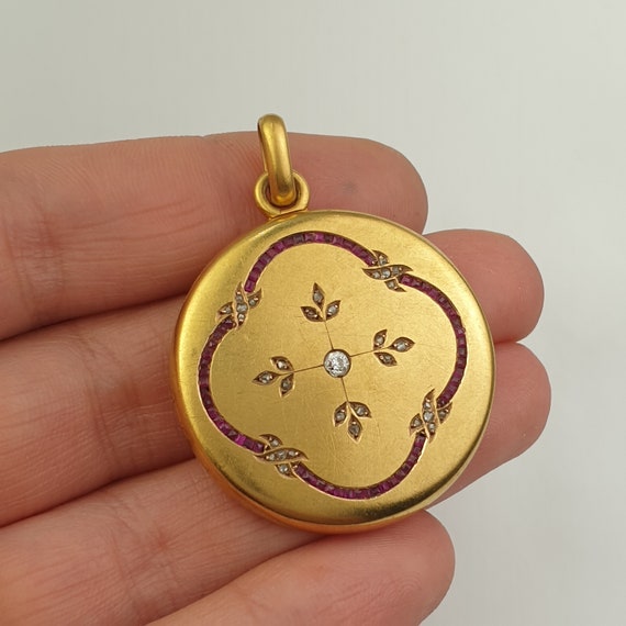 Antique Art nouveau locket pendant diamonds and r… - image 7