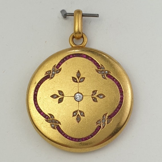 Antique Art nouveau locket pendant diamonds and r… - image 5