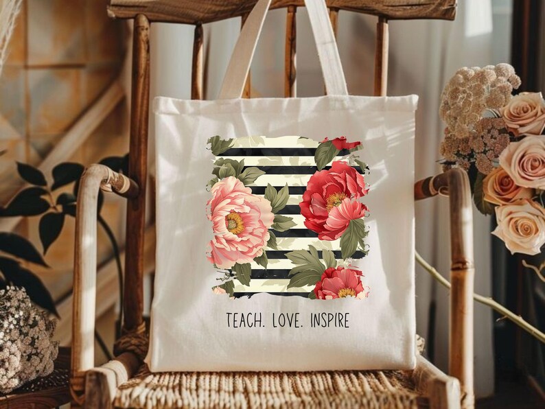 Bolso de tela con el lema "Enseña, ama, inspira", bolso para profesor, regalo de agradecimiento para profesores, bolso personalizado para profesores, regalo floral para profesores, bolso de lona. imagen 5