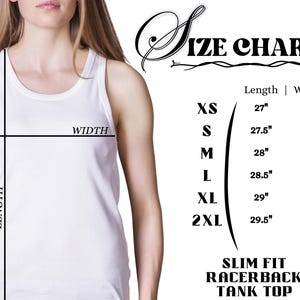 May include: Size chart for a racerback tank top with measurements in inches. The chart shows sizes XS through 2XL with corresponding length and width measurements.