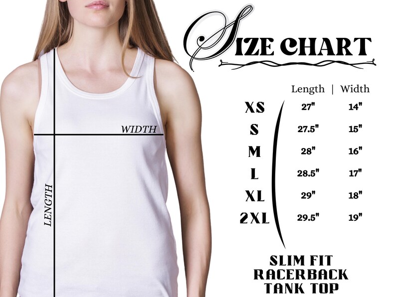 May include: Size chart for a racerback tank top with measurements in inches. The chart shows sizes XS through 2XL with corresponding length and width measurements.