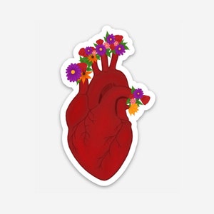 Anatomical Heart with Flowers Blooming Sticker, Heart Laptop Stickers