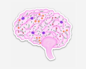 Adesivo anatomico del cervello con fiori che sbocciano, adesivo per laptop con cervello