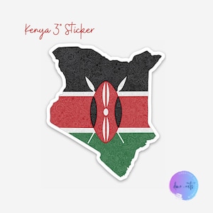 May include: A 3-inch sticker in the shape of Kenya, featuring the country's flag design. The sticker has a white border and includes the text "Kenya 3" Sticker" in red cursive. The flag design incorporates black, red, green, and white colors.