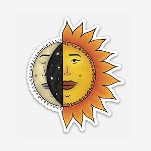Sun and Moon with Faces Sticker, Sun and Moon Laptop Sticker