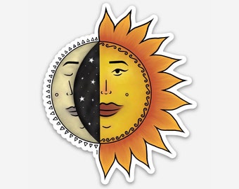 Sticker soleil et lune avec des visages, Sticker soleil et lune pour ordinateur portable
