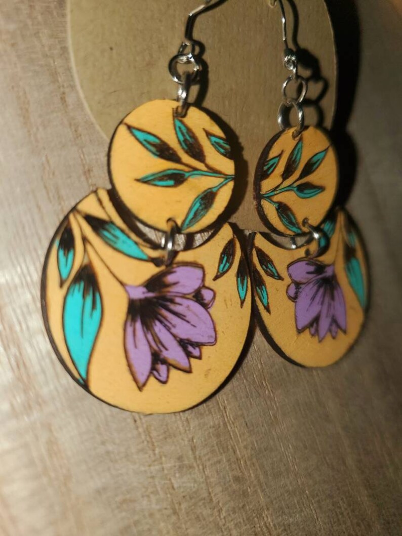 Double Layer Floral Laser Cut Wooden Earrings Hand Painted Etsy