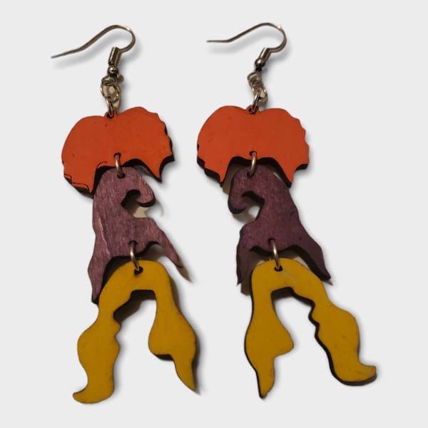 Sanderson Sisters Halloween Earrings, Laser Cut Wooden Jewelry, Spooky Earrings, Fall Accesories, Handpainted Jewelry