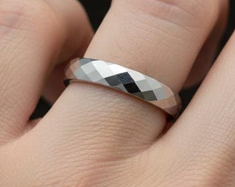 Faceted Tungsten Wedding Band, 4mm Women's Ring, Engagement Ring Personalized Ring, Anniversary Ring, Silver Ring Unisex Ring, Proposal Ring