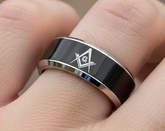 Masonic Ring Black Tungsten Freemason Ring Personalized Masonic Wedding Band Freemason Ring Masonic Rings Master Mason Rings Free Mason Ring