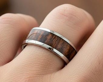 Rosewood Inlay Titanium Wedding Band, Wood Ring, 8mm Dome Titanium Ring, Wood Inlay Promise Ring, Titanium Wedding Ring, Laser Engraved Gift